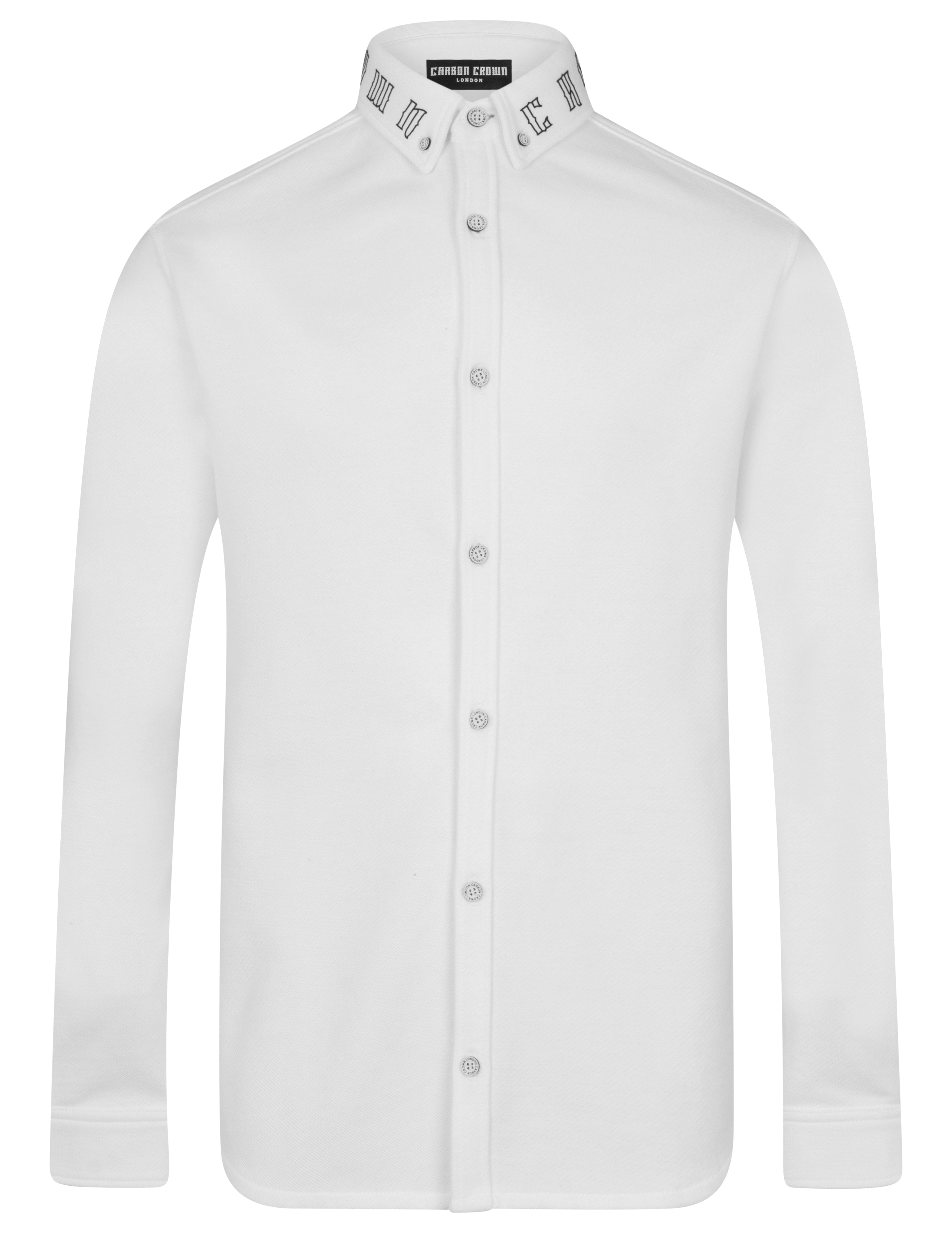 Long sleeve cotton pique white shirt – Branded collar – Carbon Crown
